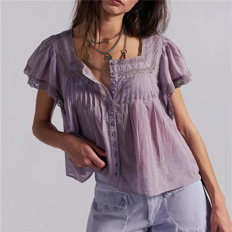 Women Boho Square Neck Lace Blouse Puff Short Sleeve Button Front Pleated Loose Cropped Shirt Vintage Cottage Summer Top