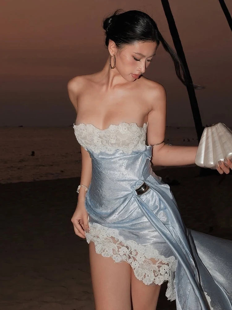Patchwork Jacquard Dress Women Irregular Hem Irregular Metal Decoration Hollow Vacation Elegant Beach Party Vestidos