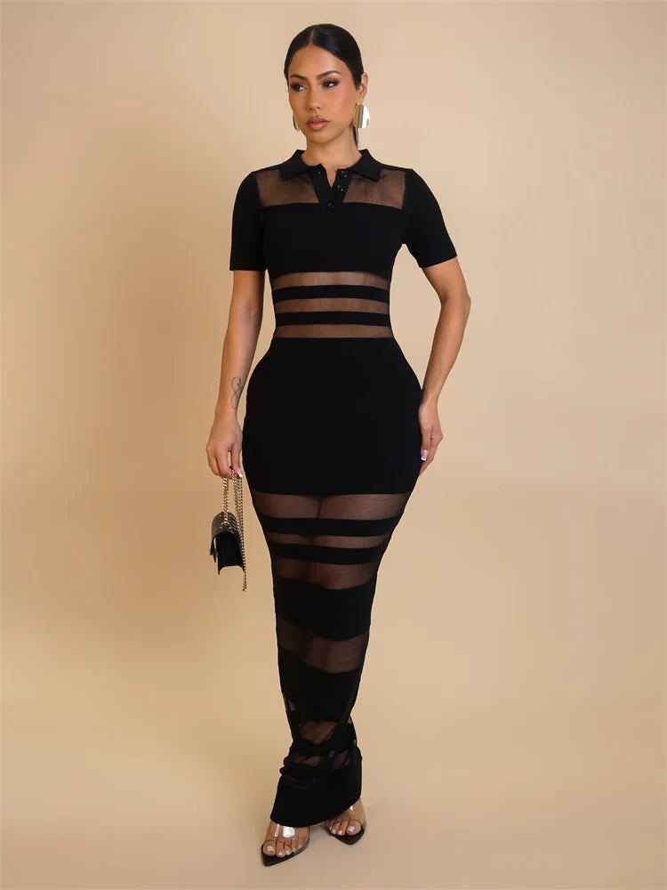 Mesh Patchwork Dress Women Polo-Neck Short Sleeve Skinny Peach Hip Midnight Club Party Sexy Coquette Long Bodycon
