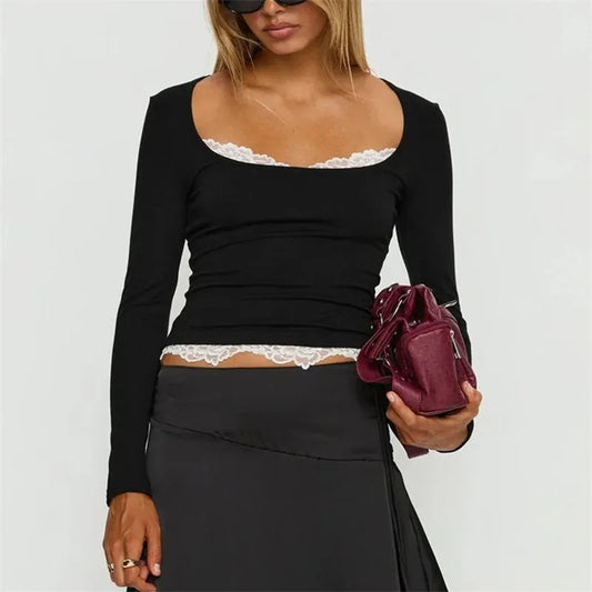 Women Square Neck Long Sleeve Top Lace Trim Fake Two Piece Slim Fitted Y2K Coquette Cropped Going Out Shirt