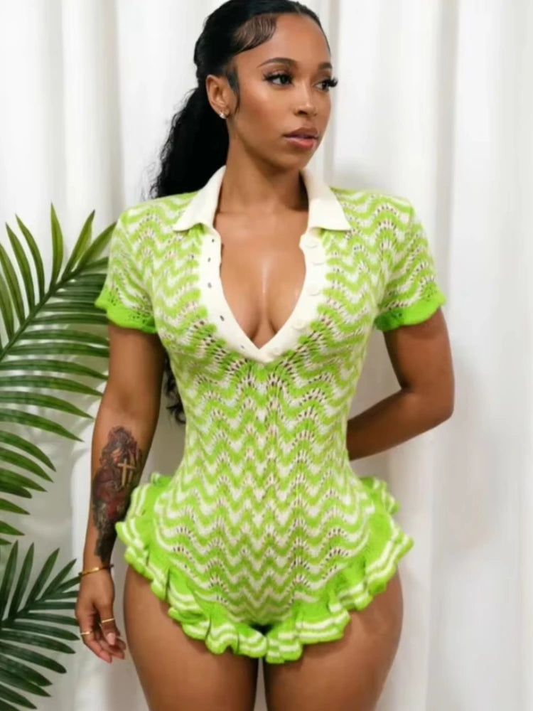 Fashion Romper Women Ruffled Edge Knit Sexy Single-Breasted Turn Down Collar Short Sleeve Summer Party Street Playsuit