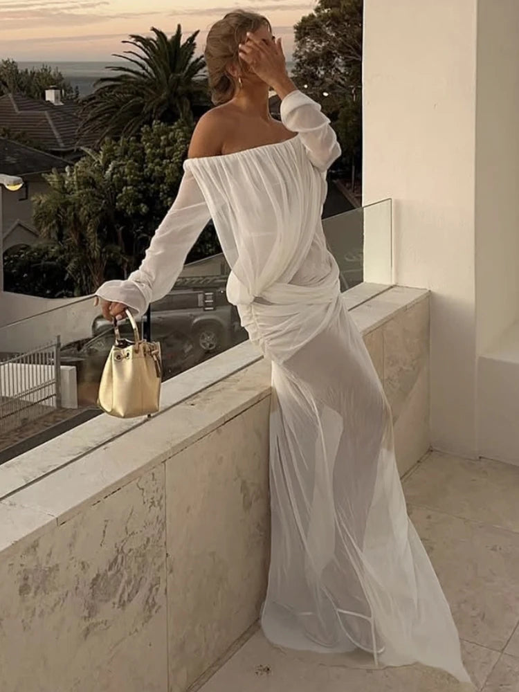Sexy See Through Dress Women Long Sleeves High Slits Slash Neck Folds Beach Party Vacation Summer Elegant Vestidos