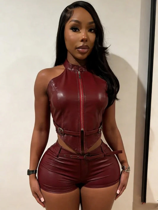 Belt PU Leather 2 Piece Set Women Sexy Zip Halter Tank Top+Shorts Hipster Skinny Midnight Luxury Clubwear Outfits