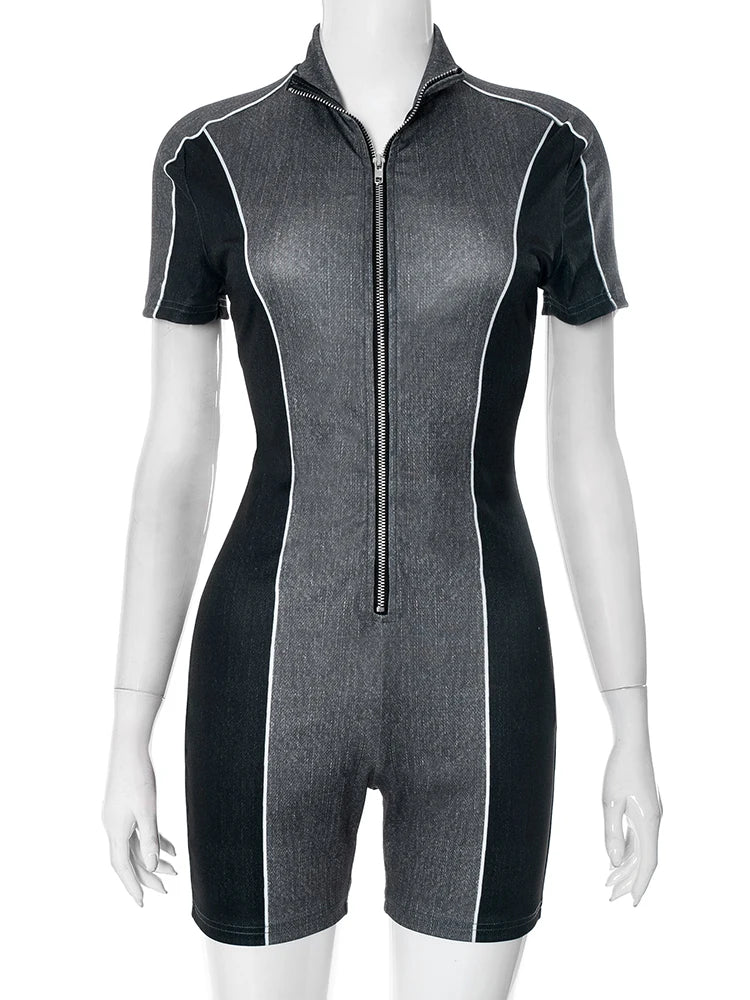 Zip Playsuits Women Skinny Stretch Patchwork Sporty Summer Trend Street Simple Classic Daily Sexy Midnight Rompers
