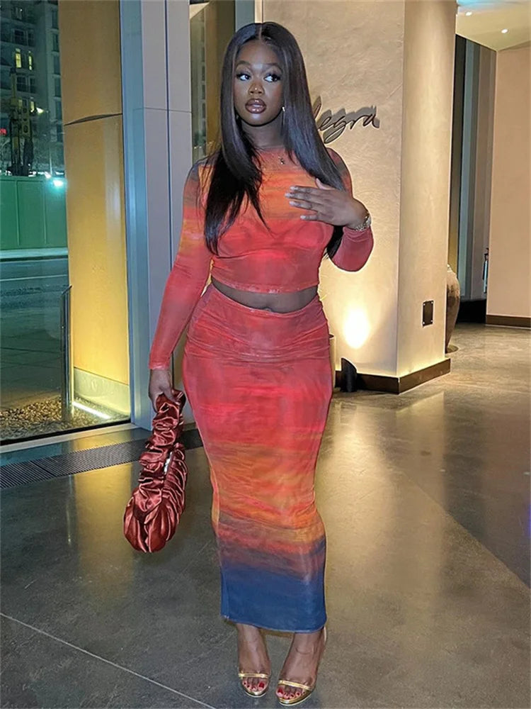 Colorful Print 2 Piece Set Women o-Neck Skinny Full Sleeve Crop Tops+Maxi Skirts Hot Girls Street Elegant Outfits
