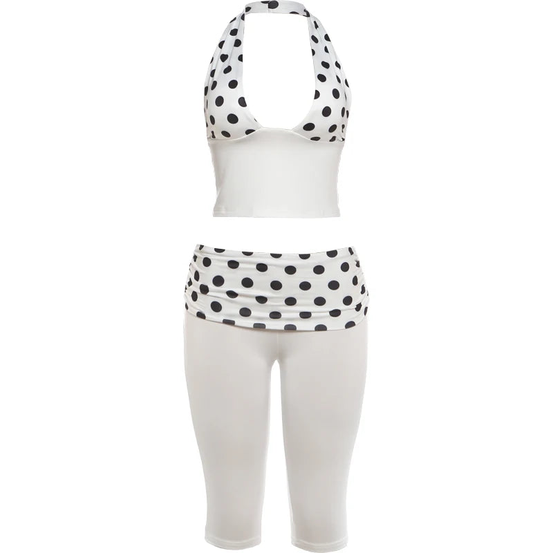Trend Hottie 2 Piece Set Women Polka Dot Print Patchwork Halter Backless Vest+Ruched Capri Pants Fashion Streetwear