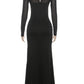 Elegant Side Slit Maxi Dress Women Low-Neck Full Sleeve Patchwork Mesh Banquet Autumn Winter Trend Prom Party Vestidos