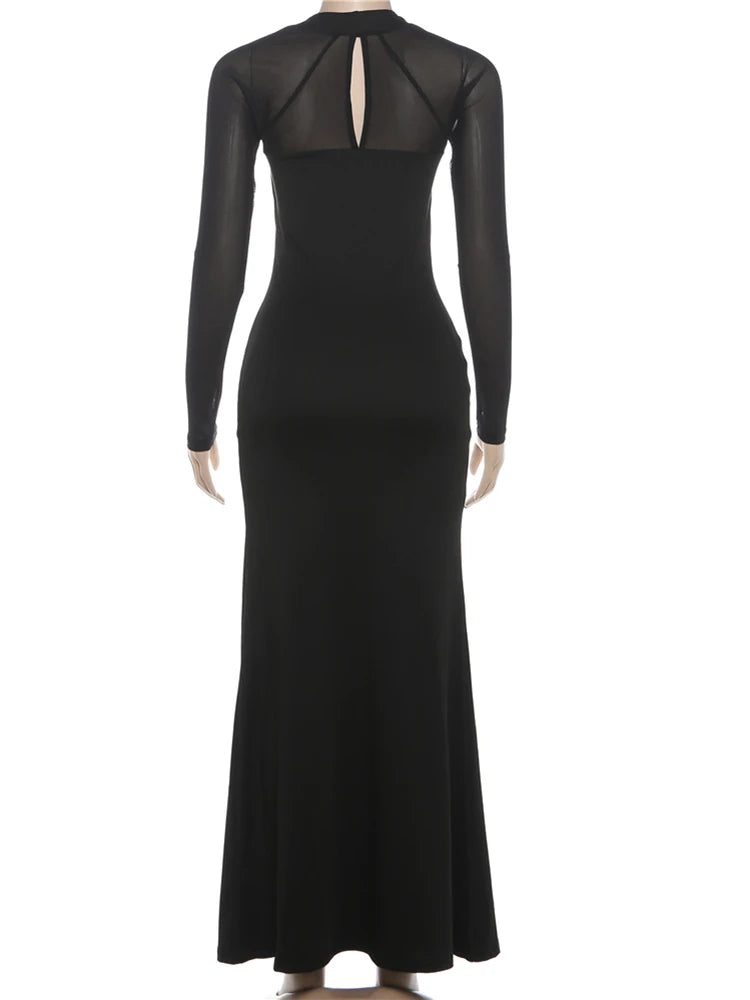 Elegant Side Slit Maxi Dress Women Low-Neck Full Sleeve Patchwork Mesh Banquet Autumn Winter Trend Prom Party Vestidos