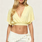 Women Solid Color V Neck Wrap Front Crop Top Batwing Sleeve Ruched Blouse Casual Summer Short Sleeve Fashion Shirts