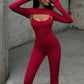 Sexy Hollow Out Jumpsuits Sets Women Fashion Solid Long Sleeve Shawl And Jumpsuits Female Elegant Two Piece Sets