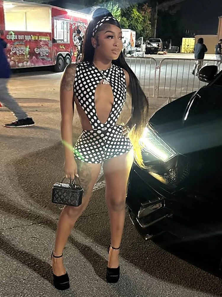 Polka Dot Sexy 2 Piece Set Women Side Split Sleeveless Bandage Bodysuit+Shorts Matching Hipster Party Clubwear Suits