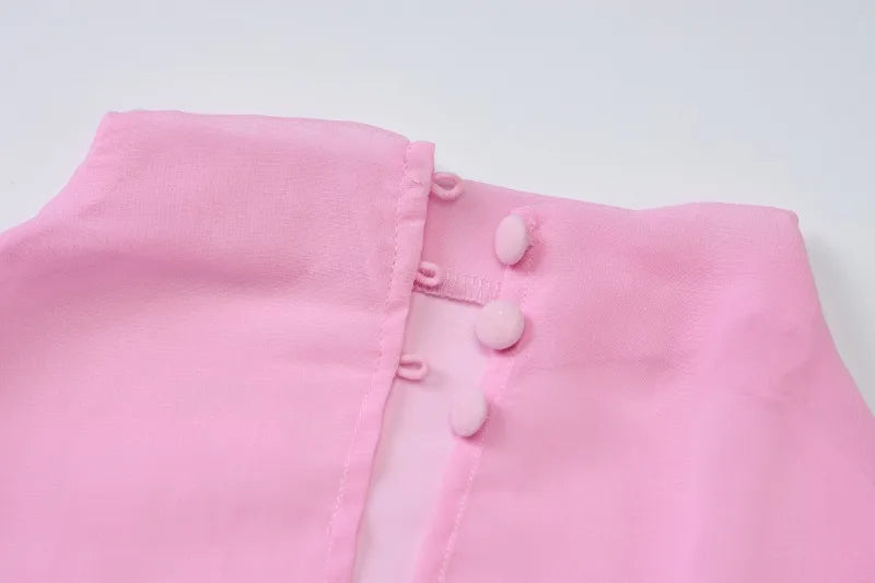 Transparent Chiffon Pink Mini Dress Sexy Outfits Women Clothes Hollow Open Back Long Sleeve Dresses Fall