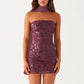 Fashion Women Summer Sequin Mini Bandeau Dress Sleeveless Off Shoulder Flower Embroidery Tube Top Dress with Scarf