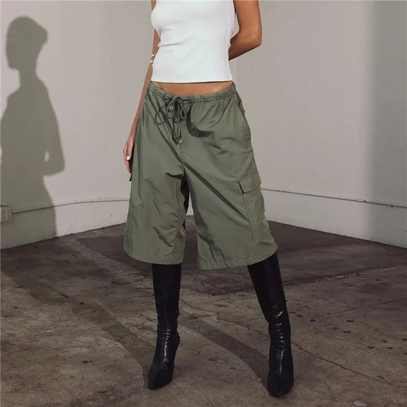Elastic Drawstring Cargo Bermuda Shorts Women Multi Pocket Loose Wide Leg Knee Length Baggy Capri Culottes Y2KStreetwear