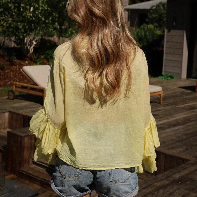 Elegant Women Ruffle Sheer Blouse Casual Loose V Neck Long Sleeve Shirts for Spring Summer Vintage Streetwear