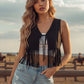 Women Retro Western Fringe Crop Vest Sleeveless Faux Suede V Neck Tie Front Tassel Waistcoat Festival Casual Outerwear