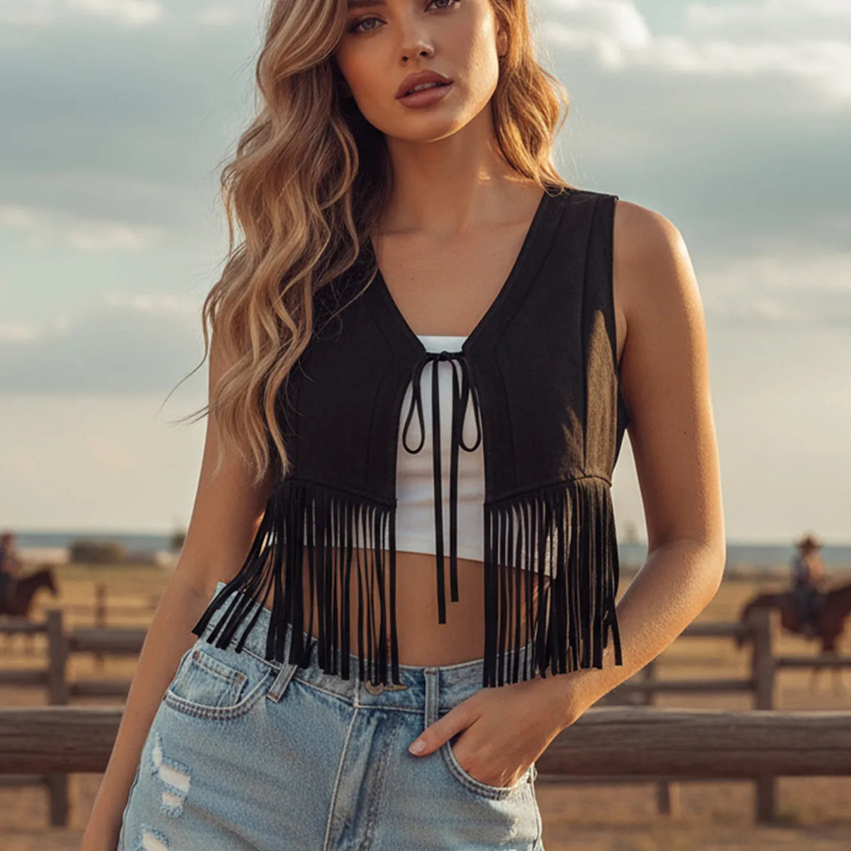 Women Retro Western Fringe Crop Vest Sleeveless Faux Suede V Neck Tie Front Tassel Waistcoat Festival Casual Outerwear