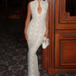 Lace Sleeveless Sexy Maxi Dress Women Gown Elegant Hollow Out Half High Collar Split Bodycon Club Party Long Dresses