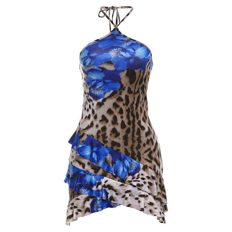 Floral Leopard Print Summer Dress Women 2024 Asymmetrical Ruffled Halter Mini Dresses Beach Vacation Outfits