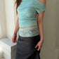 Chic 2-Piece Set Women Slanted Shoulders Rhinestone Decoration t-Shirt+Patchwork Lace Skirt Daily Fashion Leisure Suit