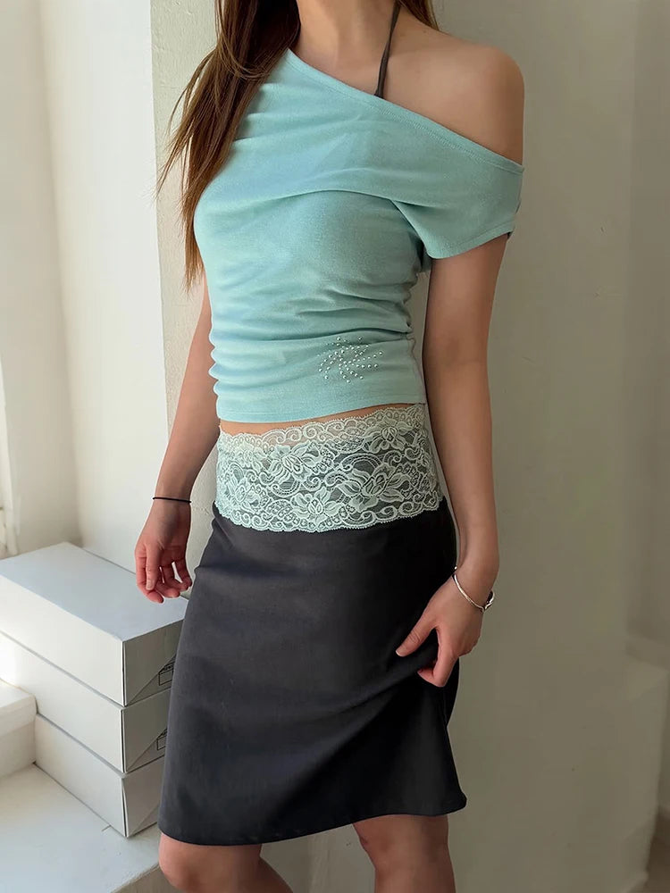 Chic 2-Piece Set Women Slanted Shoulders Rhinestone Decoration t-Shirt+Patchwork Lace Skirt Daily Fashion Leisure Suit