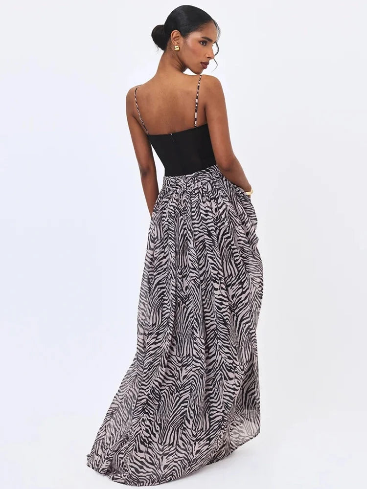 Women Zebra Print Spaghetti Strap Sexy Maxi Dress Mesh Patchwork Sweetheart Neck Sleeveless High Waist Long Party Dress