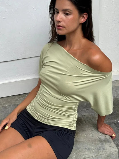 Asymmetrical One Shoulder Short Sleeve Shirts Woman Solid Color Casual Tops Summer Clothes for Woman 2025