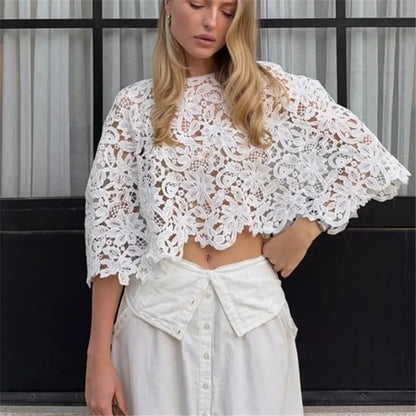 Cute Women See Through Crochet Lace Cape Short Top Crew Neck Batwing Sleeve Cropped Layering Top Matching Camisole