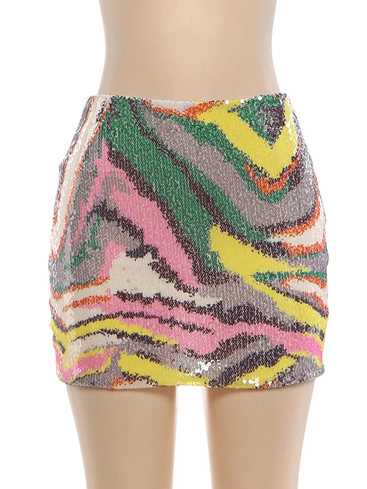 Midnight Colorful Sequin Patchwork Skirt Women Sexy Hottie Street Mini Peach Hip Clubwear Fashion Chic Skinny Outfits