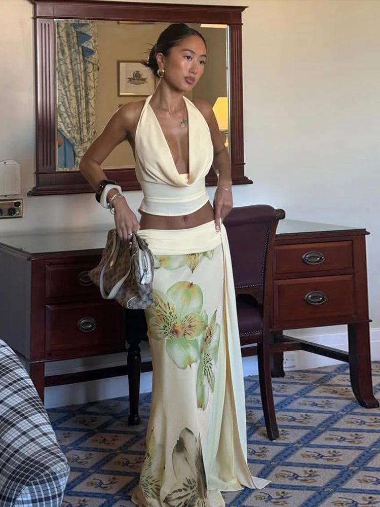 Backless Women 3Piece Set Stack Trend Halter Tops+Split Tassel+Flowers Mesh Skirts Elegant Matching Vacation Clubwear