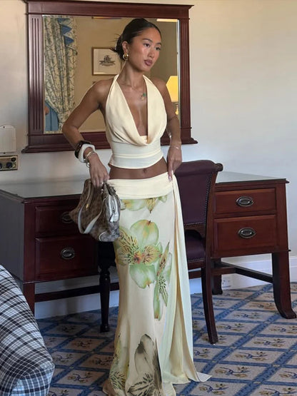 Backless Women 3Piece Set Stack Trend Halter Tops+Split Tassel+Flowers Mesh Skirts Elegant Matching Vacation Clubwear