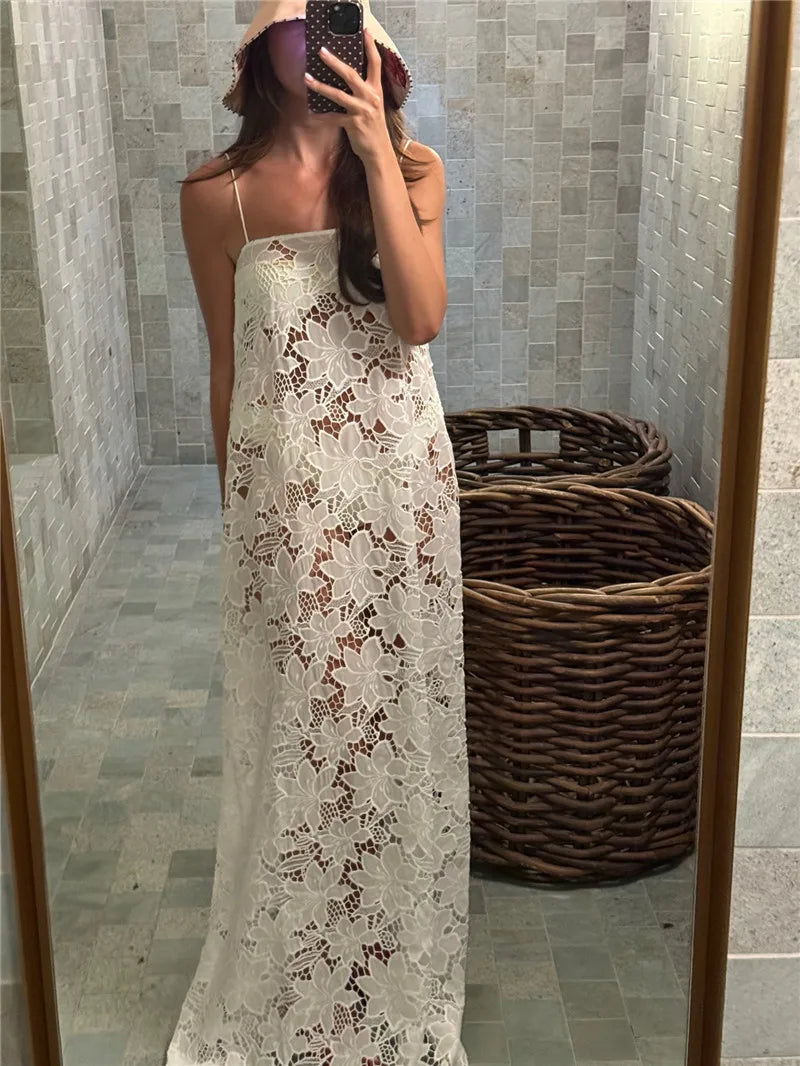 Spaghetti Strap Floral Lace Maxi Dress Women Sheer See Through Long Sundress Beach Cover Up Summer Vacation Party