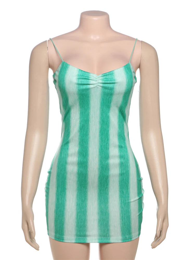 Striped Print Dress Women Spaghetti Strap 2025 Summer Trend Sleeveless Backless Pleated Beach Vacation Mini Bodycon