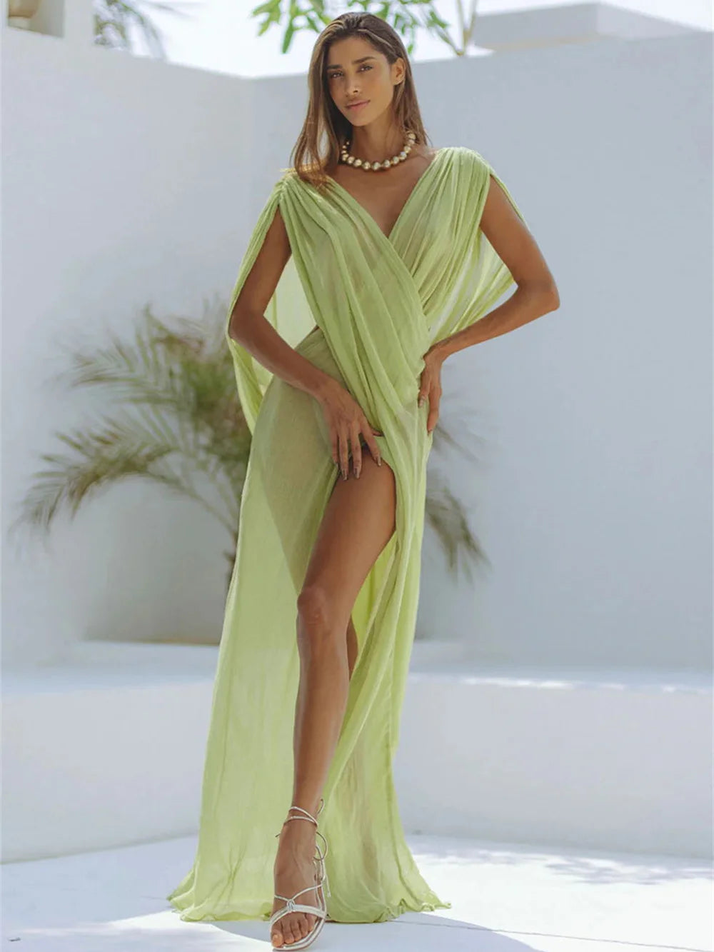 Beach Vacation Dress Women See Through Sleeveless V-Neck Sexy Solid Split Midnight Party Club Long Irregular Bodycon