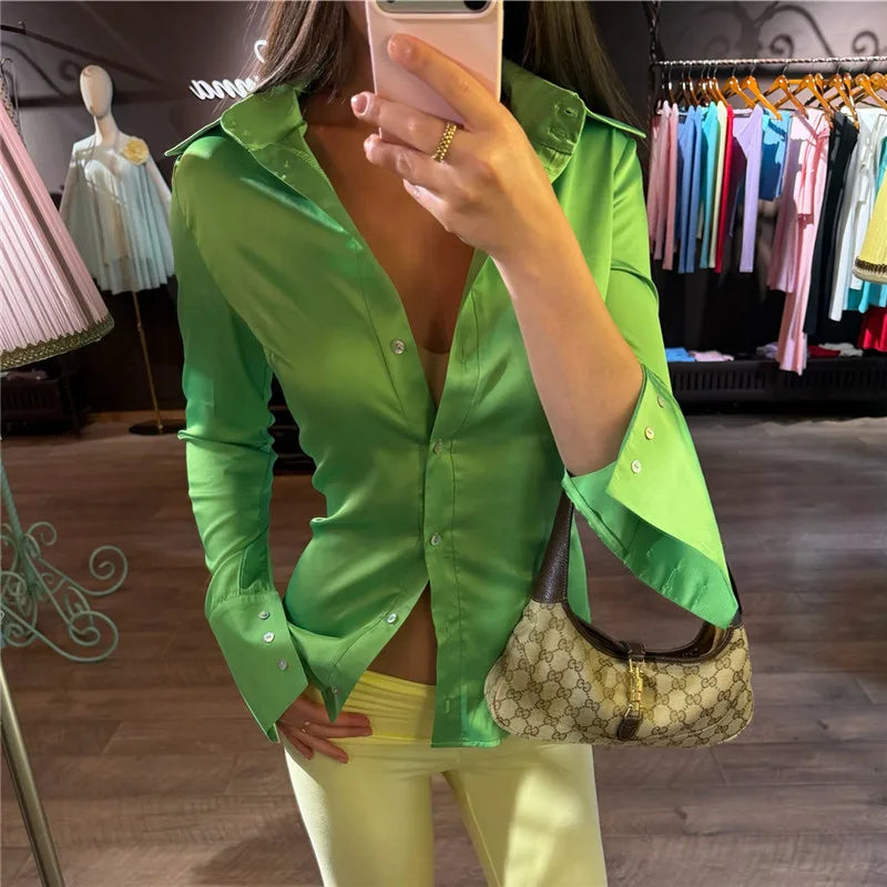Women Glossy Satin Slim Fit Shirt Lapel Collar Long Sleeve Flared Cuff Button‑Down Blouse Silky Elegant Party Daily Tops