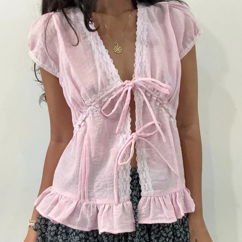 Women Tie Front Lace Trim Tank Tops Y2k Fairy V Neck Cami Crop Top Summer Going Out Tops Vintage Streetwear