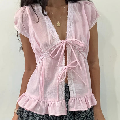 Women Tie Front Lace Trim Tank Tops Y2k Fairy V Neck Cami Crop Top Summer Going Out Tops Vintage Streetwear
