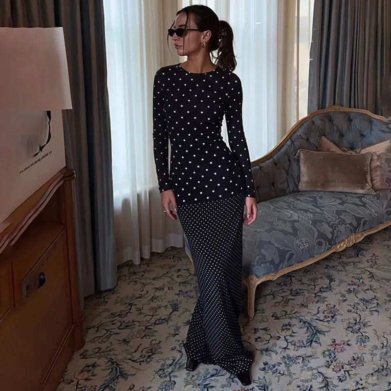 Black Long Sleeve Maxi Dress with White Polka Dot 2026 Fall Dresses for Woman Elegant Clothing