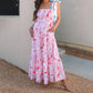 Boho Women's Summer Tie Shoulder Dress Vintage Floral Print Sleeveless Shirred Backless Long Flowy Dress with Pockets