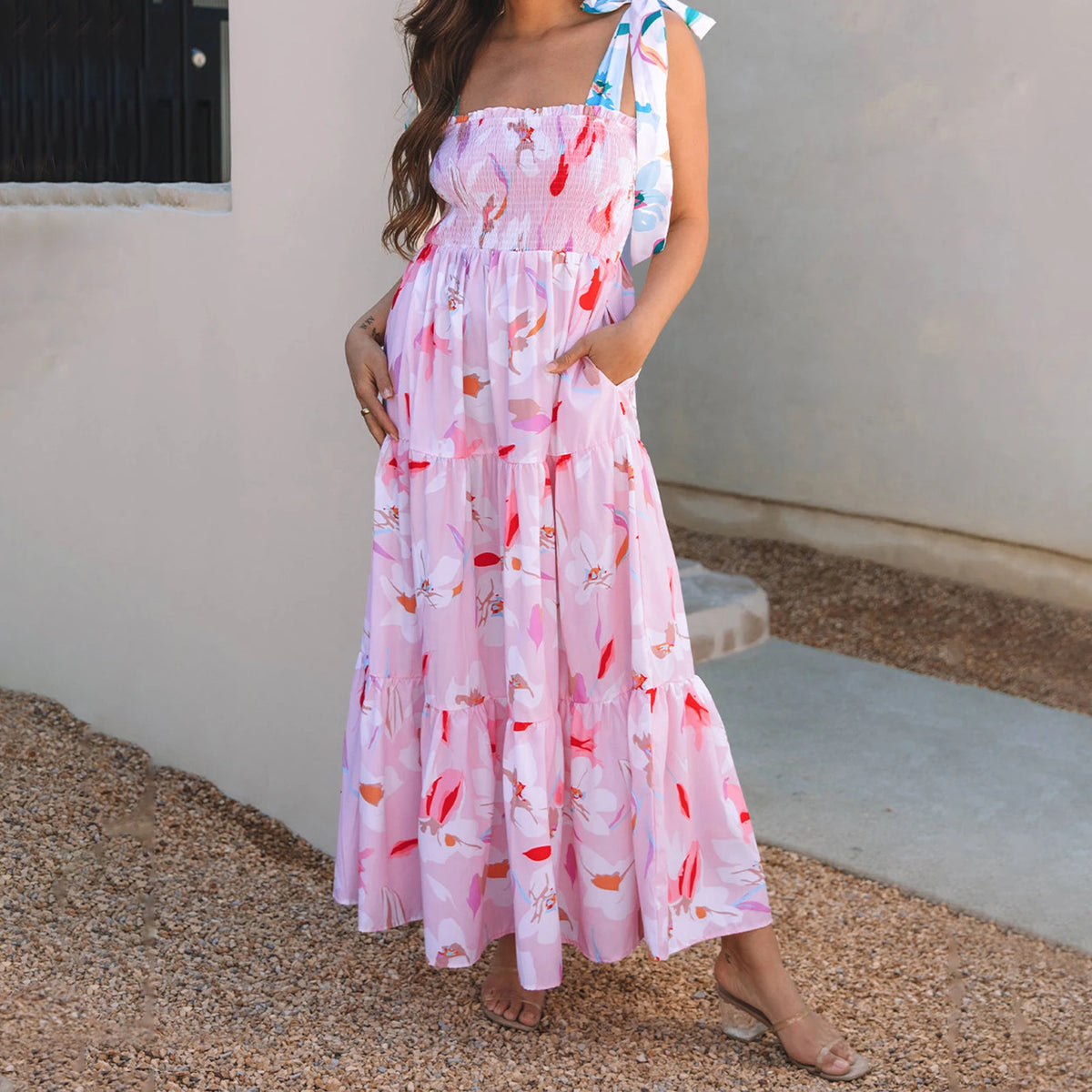 Boho Women's Summer Tie Shoulder Dress Vintage Floral Print Sleeveless Shirred Backless Long Flowy Dress with Pockets