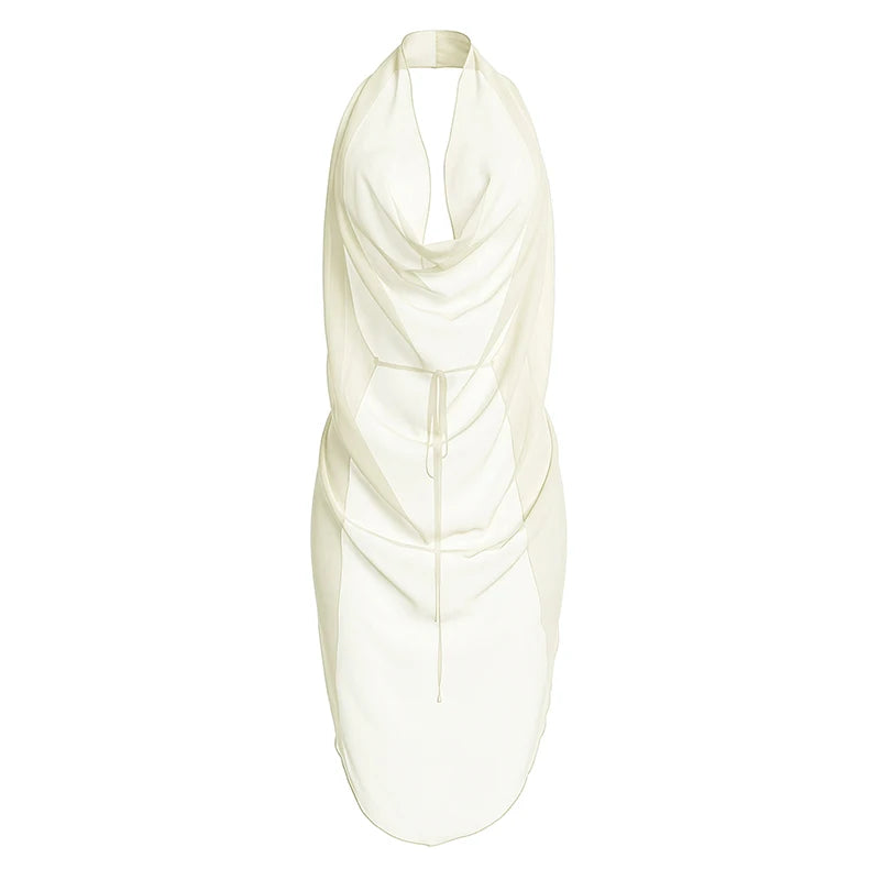 Vacation Summer Trend Backless Tank Top Women Sexy See through Halter Swing Collar Irregular Hem Fashion Party Club Vest