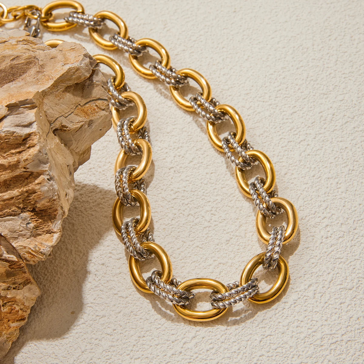 Women's Stainless Steel Two Color Design Necklace 18k Gold Color Plated Twisted Splicing Stackable Waterproof Jewelry