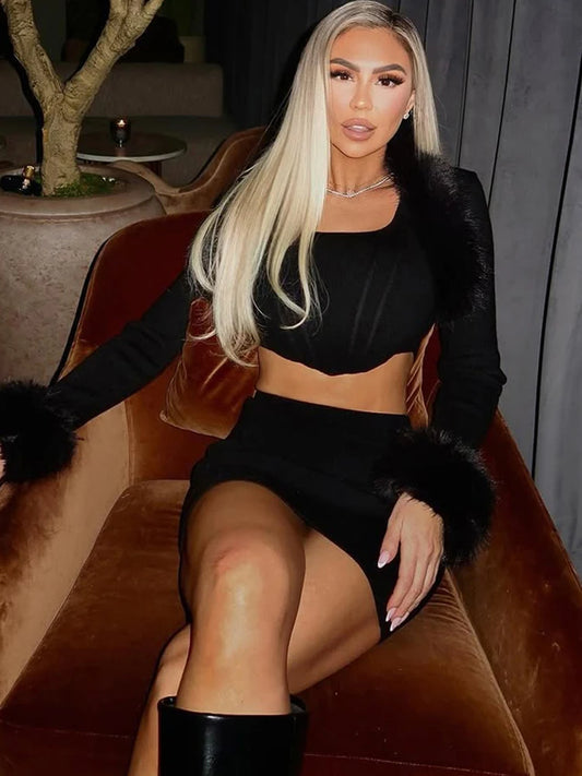 Sexy Hottie 3Piece Set Women Luxury Fur Patchwork Shawl+Tank Top+Peach Hip Skirt Matching Skinny Clubwear Fashion Outfits