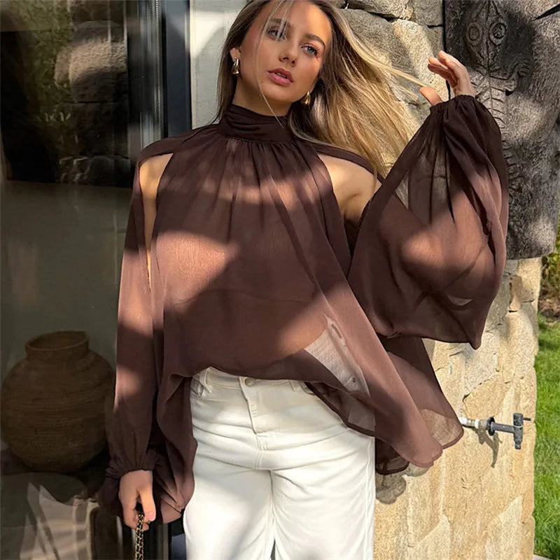 Women Chiffon Crop Top Halter Neck Cut Out Shoulder Lantern Long Sleeve Blouse Casual Summer Beach Vacation Party Shirt