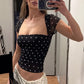 Retro Cap Sleeve Mesh Top in Black Polka Dot French Style Square Neck Fitted Tshirt Woman Clothes