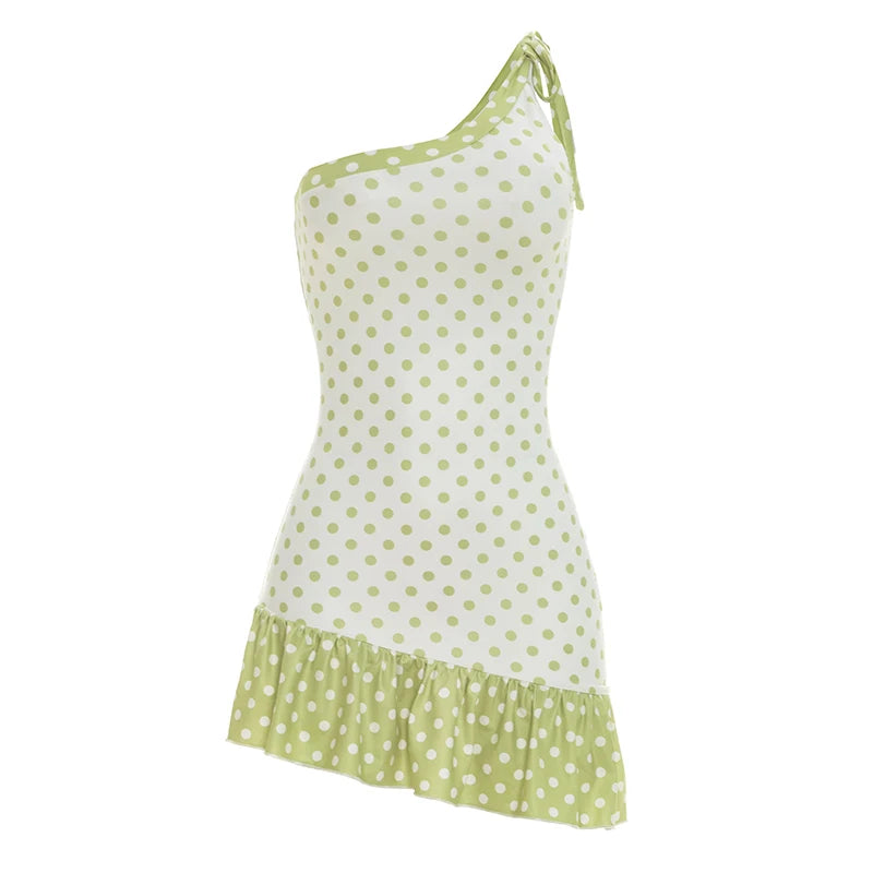 Hottie Skew Collar Dress Women Sexy Polka Dot Print Ruffled Irregular Hem Bandages Color Blocking Vacation Bodycon