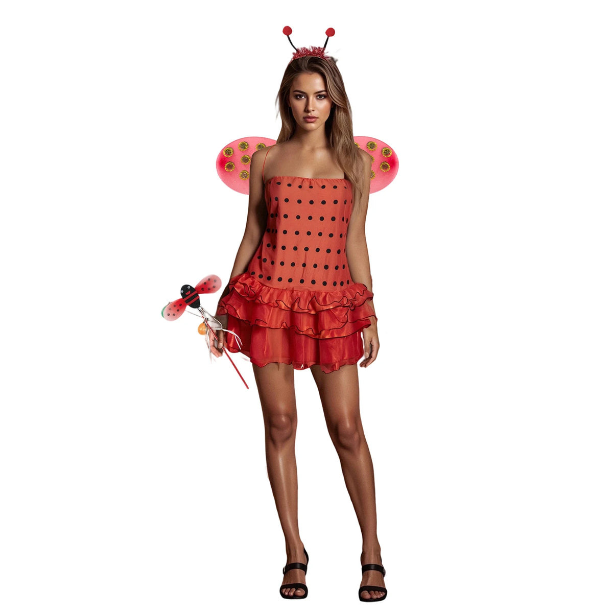 Halloween Bee Costume for Women Ladybug Cosplay Dress with Wings Headband Set Funny Adult Fairy Costumes