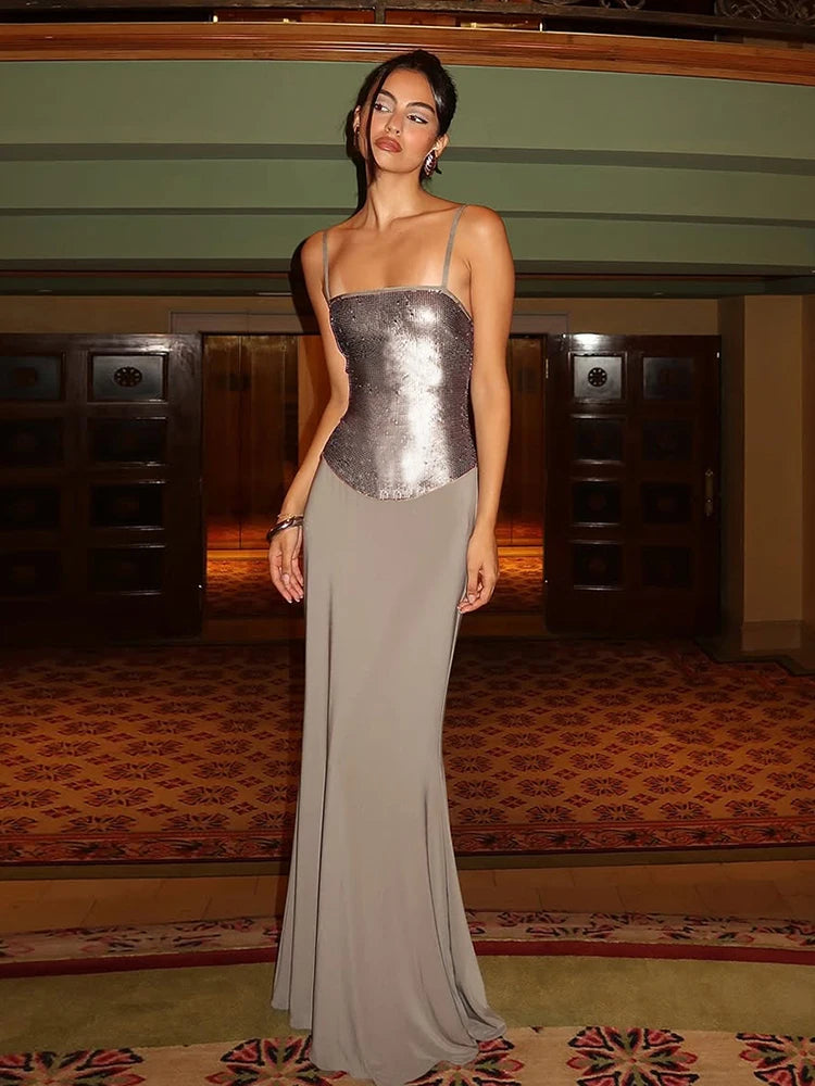 Patchwork Reflective Maxi Dress Women Low-Neck Sleeveless Skinny Sexy Prom Party Hipster Fashion Chic Elegant Vestidos