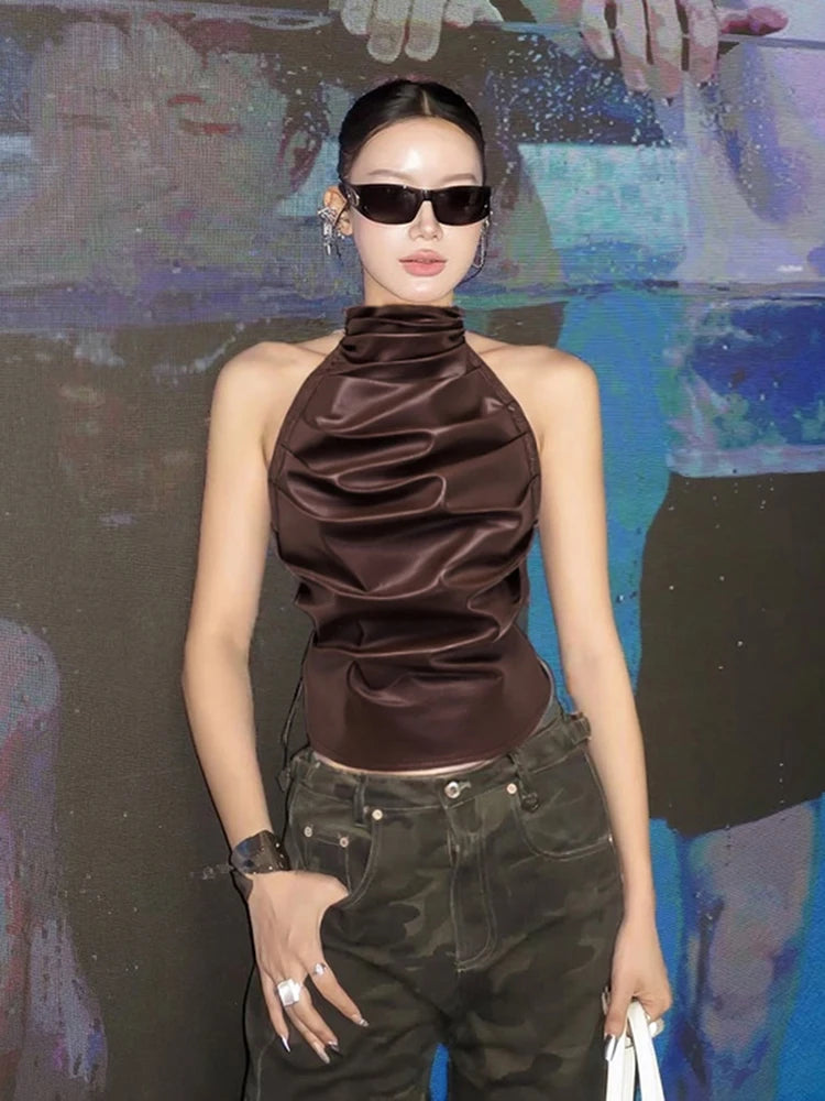 Folds PU Tank Tops Women Y2K Faux Leather Sleeveless Bandage Backless Halter Hip Hop Style Hottie Sexy Midnight Tops