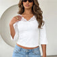 Women Lace V Neck 3 4 Sleeve Crop Top Elegant Spliced Lace Patchwork Slim Fitted Blouse Casual Solid Short Tee Shirt